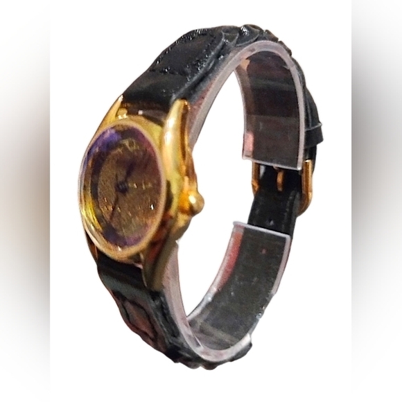 Vintage Women's LA Express Watch Gold Tone Blue Faceted Face Black Leather Band - Picture 3 of 6